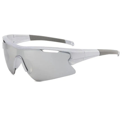Warped Shine X white pickleball sunglasses with gray accents and silver mirrored shield lens – three-quarter view